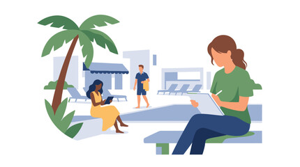 Fototapeta premium People Enjoying Leisure and Remote Work at Tropical Resort.