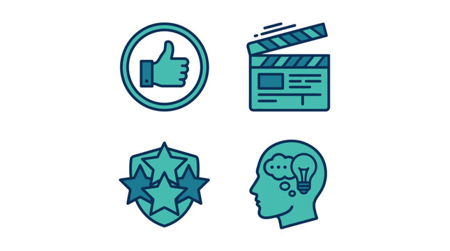 Set of four blue and green business icons on white background