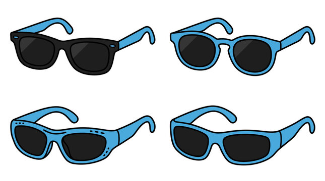Four cartoon sunglasses with blue frames on a white background