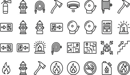 Fototapeta premium Fire safety line icons set, emergency evacuation plan elements, firefighter equipment symbols, extinguisher, hydrant, alarm bell, exit sign vector,