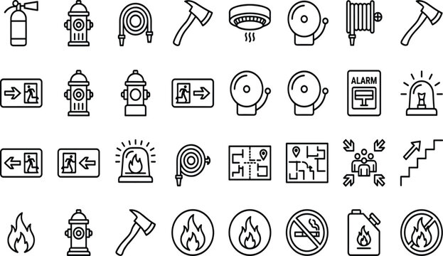 Fire safety line icons set, emergency evacuation plan elements, firefighter equipment symbols, extinguisher, hydrant, alarm bell, exit sign vector,