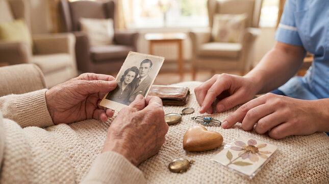 Elderly hands holding vintage black and white photograph of young couple, wrinkled skin and nostalgic personal keepsakes on blanket, showing mementos to healthcare worker, senior care