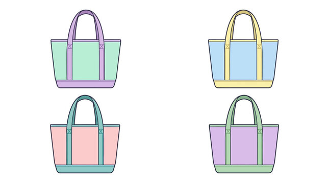 Four pastel colored canvas tote bags on a white background