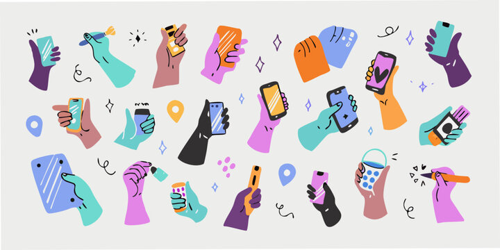Illustrated hands holding objects and making gestures vector style