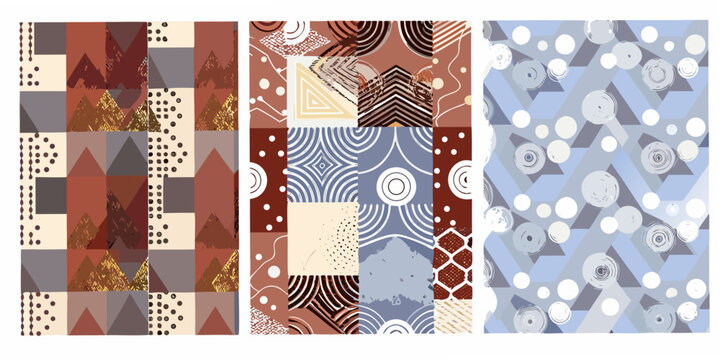 Geometric patchwork designs in varying color palettes vector illustration