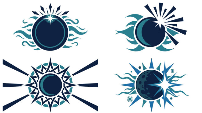 Four blue celestial solar eclipse vector icons on white