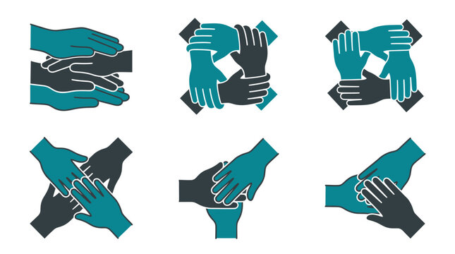 Set of flat vector icons showing hands joined in unity