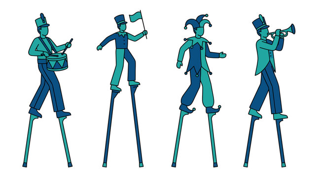 Vector illustration of four performers walking on stilts