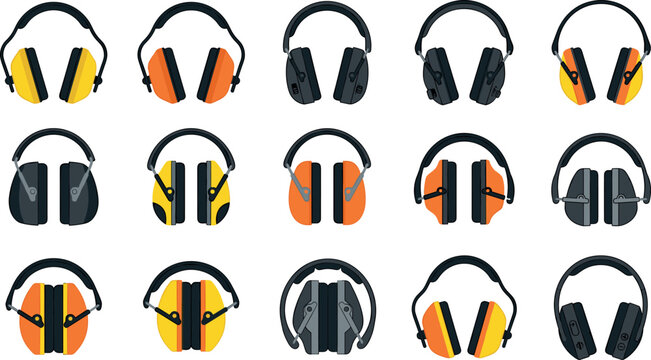 Collection of Industrial Protective Ear Muffs and Safety Hearing Protection Icon Set