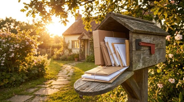 A weathered wooden mailbox sits open, overflowing with a stack of letters and postcards.