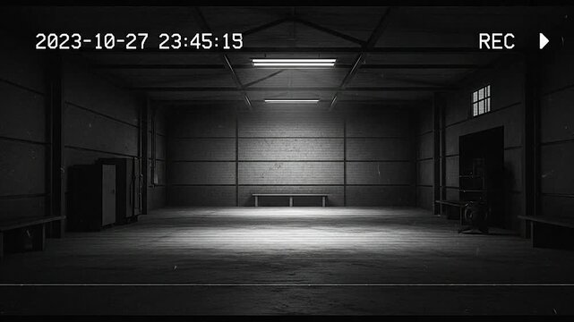 Empty industrial warehouse interior captured by a security camera at night