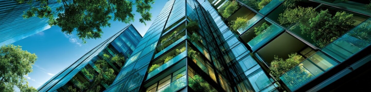 Futuristic luxury apartment building with glass balconies and vertical gardens under blue sky with large copy space for proptech banners.
