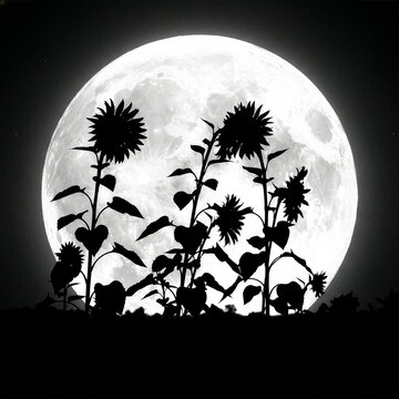 Sunflower ひまわり 280 Monochrome Full Moon with Silhouette of Sunflowers in the Night Sky（夜空に浮かぶ満月とひまわりのモノクロシルエット）