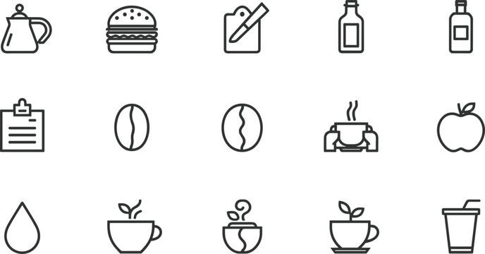 Coffee shop and beverage outline icons collection with coffee cups, beans, kettle, burger and drink symbols vector set