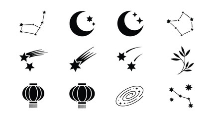 Celestial constellation and galaxy icons set with moon stars and traditional lanterns art. © Somiran
