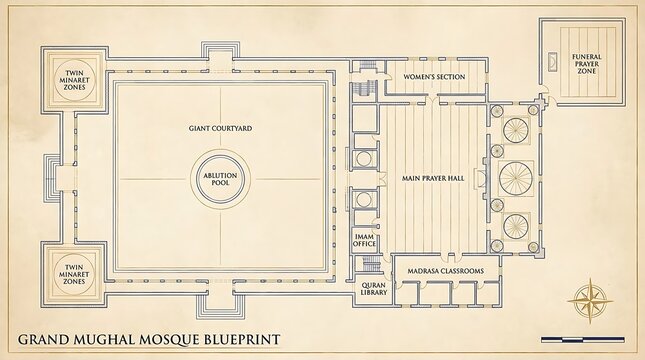 Detailed blueprint of a grand mughal mosque showcasing its architectural layout with a giant courtyard ablution pool prayer hall minarets