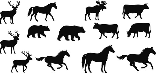 Obraz premium Wildlife and Farm Animal Silhouette Set Featuring Deer Horses Bears Moose and Cattle Vector Collection Design
