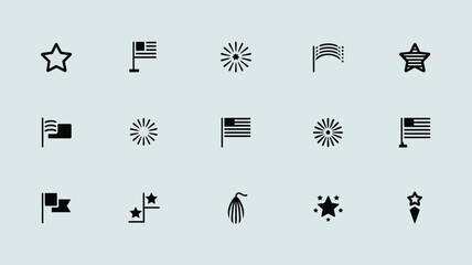 Minimalist black silhouette icon set of american patriotic symbols for simple design. © Somiran