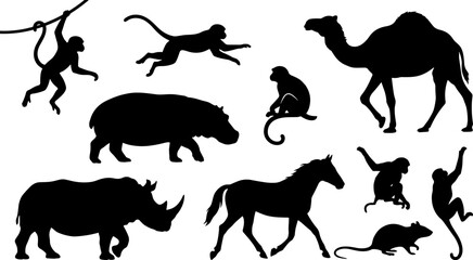 Fototapeta premium Wildlife Animal Silhouette Collection Featuring Monkeys Camel Rhinoceros Hippopotamus Horse and Rodent Vector Illustration Set