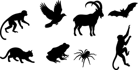 Fototapeta premium Wildlife Animal Silhouette Collection Featuring Monkeys Eagle Ibex Bat Panther Frog and Spider Vector Design Set