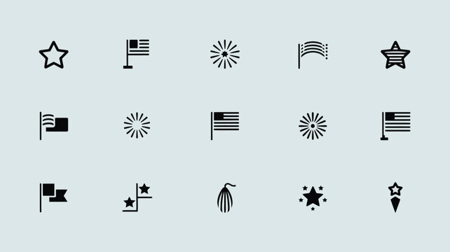 Minimalist black silhouette icon set of american patriotic symbols for simple design.