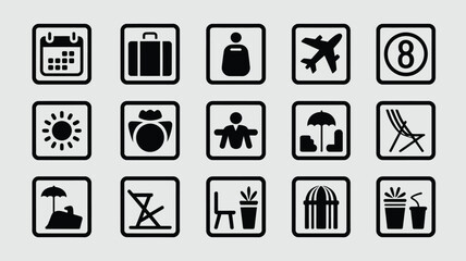 Square line icons for travel tourism and vacation planning with holiday themed objects. © Somiran