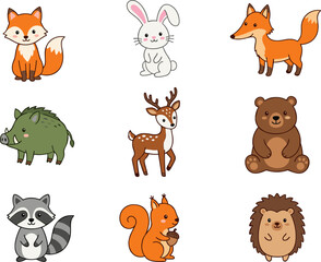 Fototapeta premium Woodland animals cartoon illustration featuring fox, rabbit, deer, bear, raccoon, squirrel, hedgehog, and boar symbolizing nature, lifestyle, creativity, and design concepts