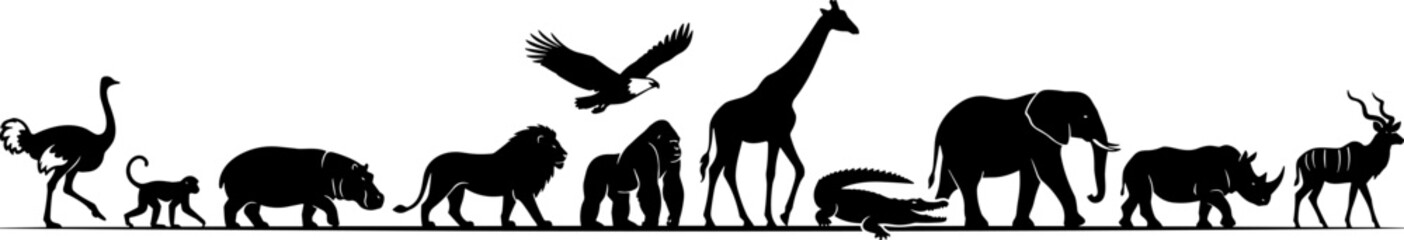 African Wildlife Animal Silhouette Border Featuring Elephant Lion Giraffe Rhino Gorilla Crocodile and Antelope Vector Collection Design © mokbul
