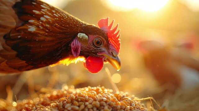 Close-up of a hen pecking at golden grain during a warm sunrise
