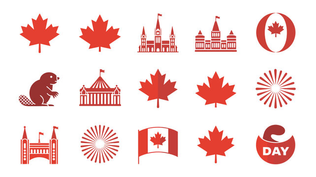 Set of canada day flat icons including maple leaves flag buildings and celebration themes.