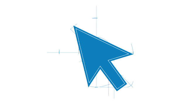 A blue computer mouse cursor icon displayed with technical construction lines