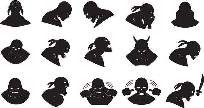 Collection of fifteen black silhouette illustrations depicting various monster, zombie, and demon heads with aggressive expressions, horns, and bandanas isolated on a white background.