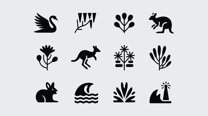 Black silhouette icon set illustrating various australian wildlife flora and scenic markers. © Somiran