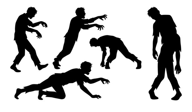 Zombie horror male action silhouette vector set undead character collection