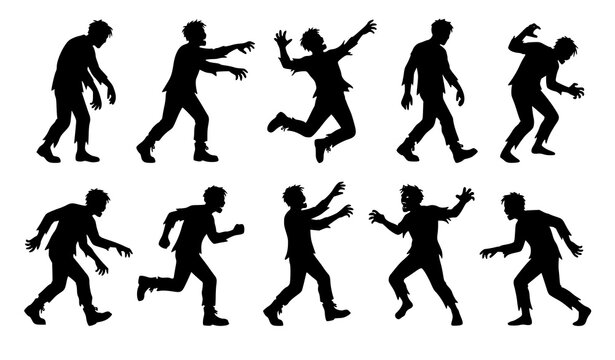 Zombie silhouette collection vector horror male character action poses