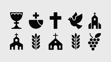 Fototapeta premium Religious symbol set featuring chalice cross holy dove and church icons in black and white.