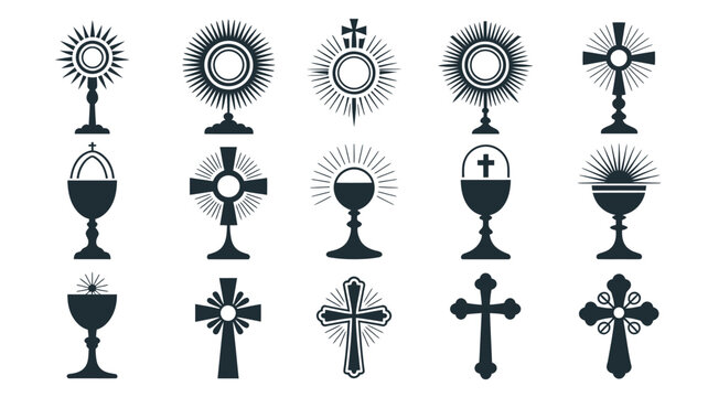 Series of monstrance and communion chalice vectors with rays of light and cross symbols.