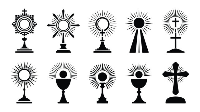 Set of eucharistic monstrance icons with radiating sunburst beams and religious crosses.