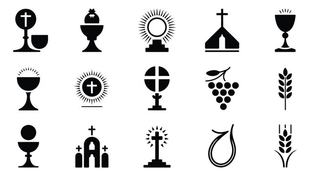 Set of christian icons featuring holy communion chalice bread and church building symbols.