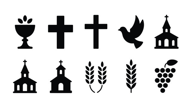 Christian themed icon set displaying church buildings crosses grain stalks and communion cup.