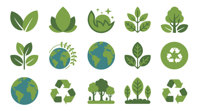 Selection of green nature icons with forests globes and recycling symbols for eco design.