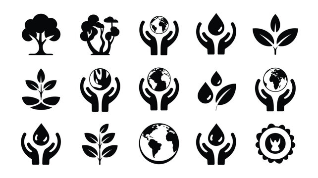 Collection of black environment icons with trees and hands holding earth for design projects.