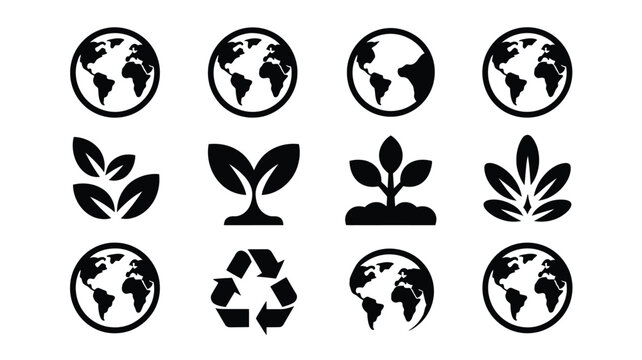 Set of black world globe recycle and leaves icons for environmental and ecology projects.