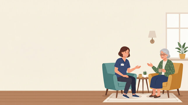 介護スタッフと高齢者が会話する様子を描いた福祉向けベクターイラストです。
コミュニケーションや見守り、生活支援のテーマに適しています。