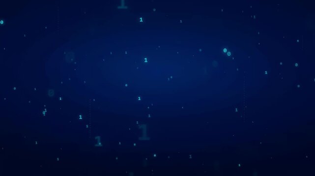 Abstract blue digital background with floating binary code numbers and glowing data particles