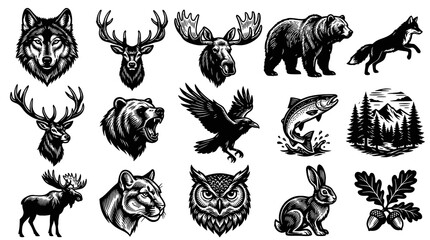 Obraz premium Black and White Line Art Wildlife Icons: Wolf, Deer, Bear, Eagle, Fish, Fox, Owl, Rabbit, Moose