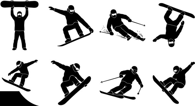 Skiing and snowboarding silhouettes illustration featuring dynamic winter sports stances, flips, jumps, and tricks symbolizing movement, energy, and design concepts