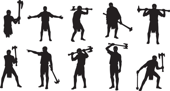 Silhouette illustration set of ten masked medieval executioners and warriors holding large battle axes and hammers in aggressive combat poses, isolated on white background.