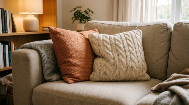 A cozy living room scene features a beige sofa with two textured pillows. A knitted cable pillow in a muted orange hue sits next to a textured, rust-colored pillow.