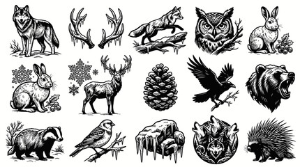 Obraz premium Black and White Winter Wildlife Animals Vector Icons - Deer, Wolf, Owl, Bear
